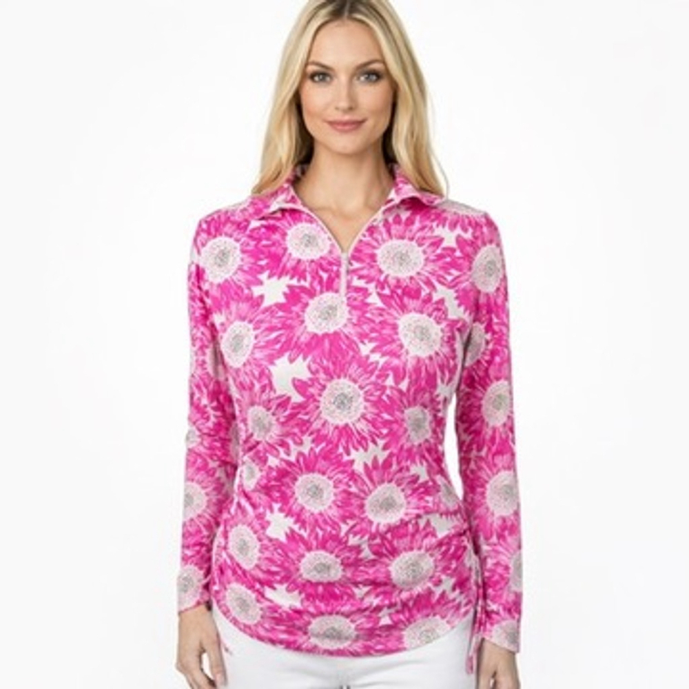 Ibkul Ruthie Long Sleeve 1/4 Zip Pullover Pink Daisy Golf Top UPF 50+ Size XS